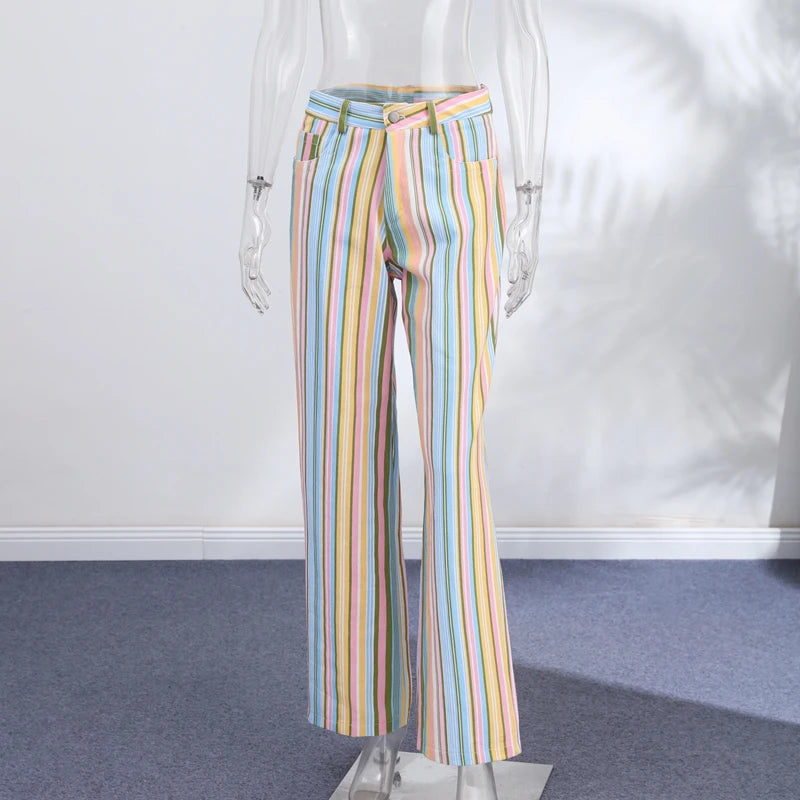 Color Block Rainbow Stripe Wide Leg Jeans for Women