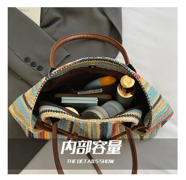 Large capacity rainbow woven tote bag, women's new versatile commuting beach bag, shoulder bag