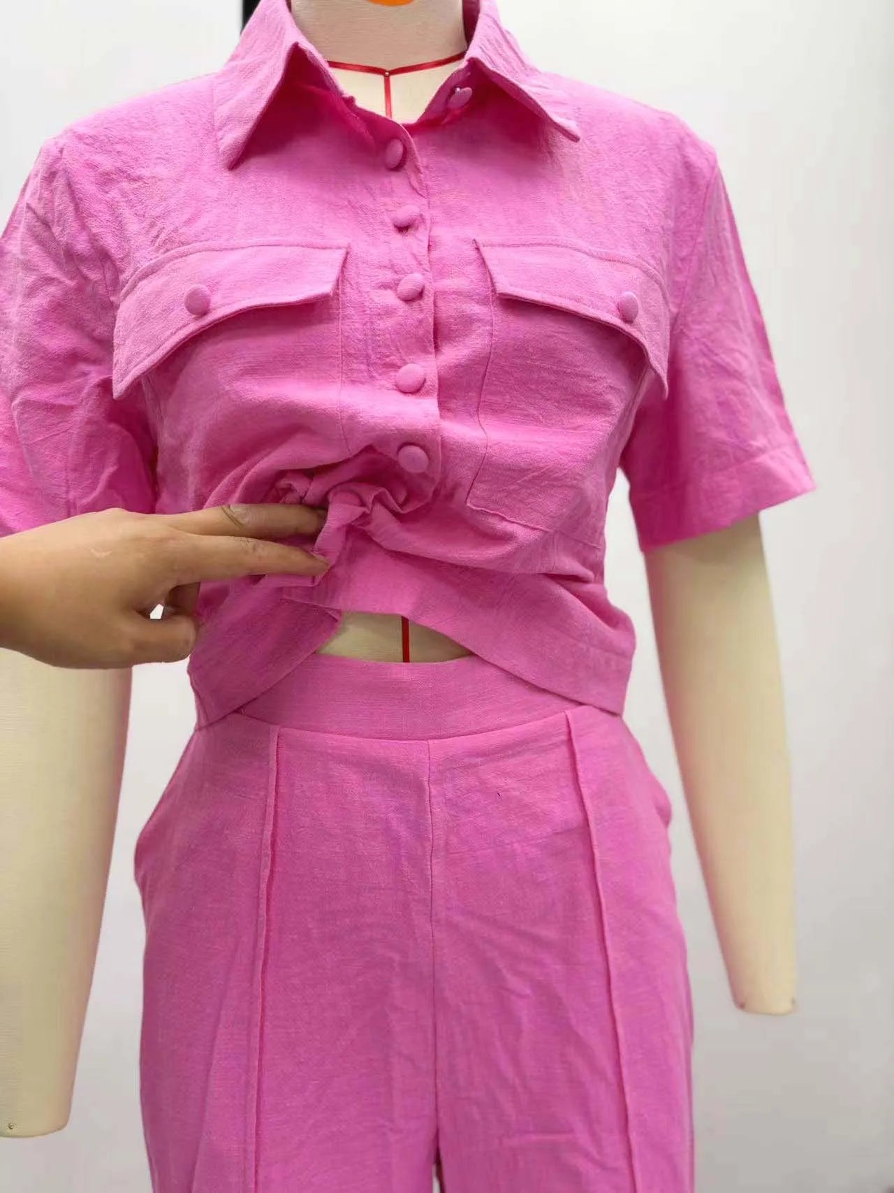 Two Pieces Women Pant Sets Solid Matching Sets Pocket Button Short Sleeve Top Empire Waist Wide Leg Pants Loose Fit 2025 Summer