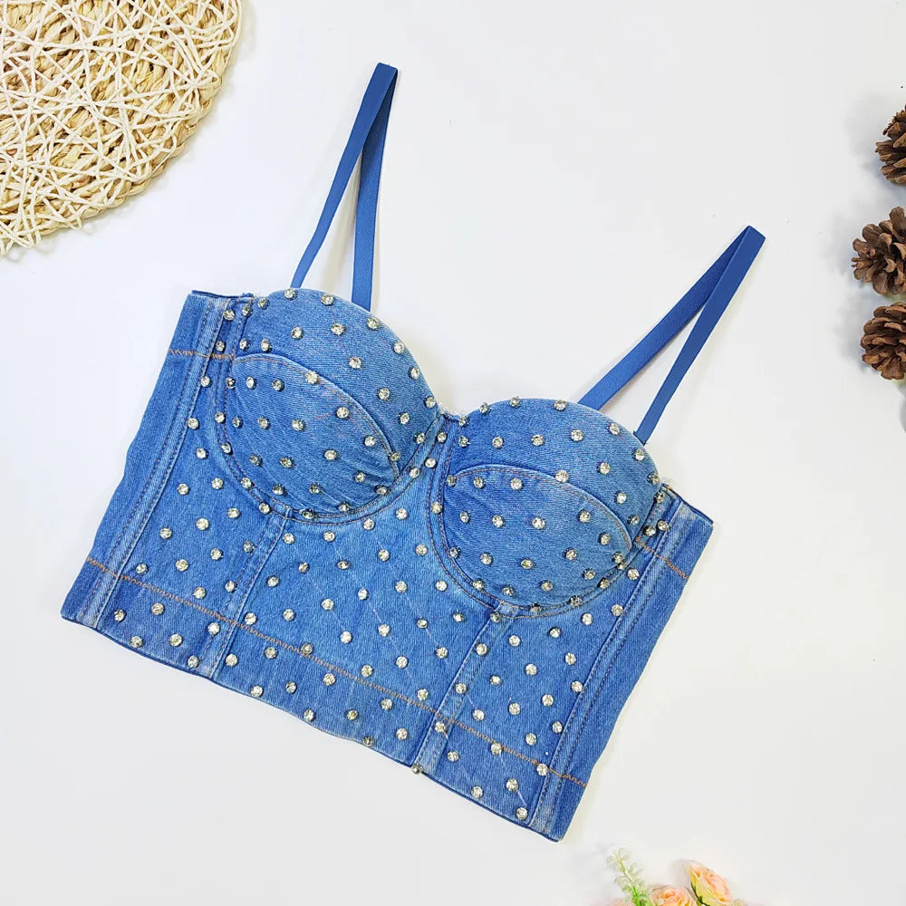 Denim Rhinestone Beaded Spaghetti Strap Bustier for Women