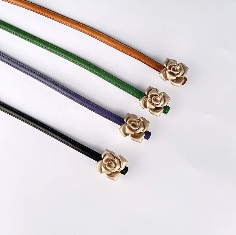 Double Sided Metal Flower Buckle Thin Belt for Women
