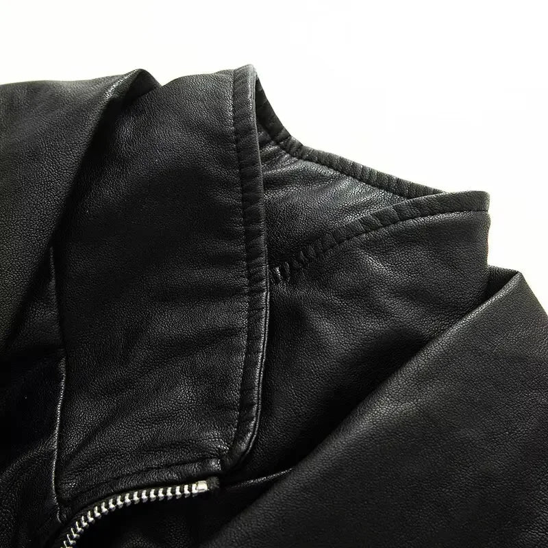 Cropped Oversized Black Leather Bomber Jacket for Women