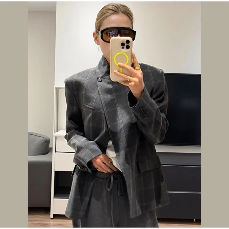 Vintage Plaid Lapel Blazer and Shorts Set for Women
