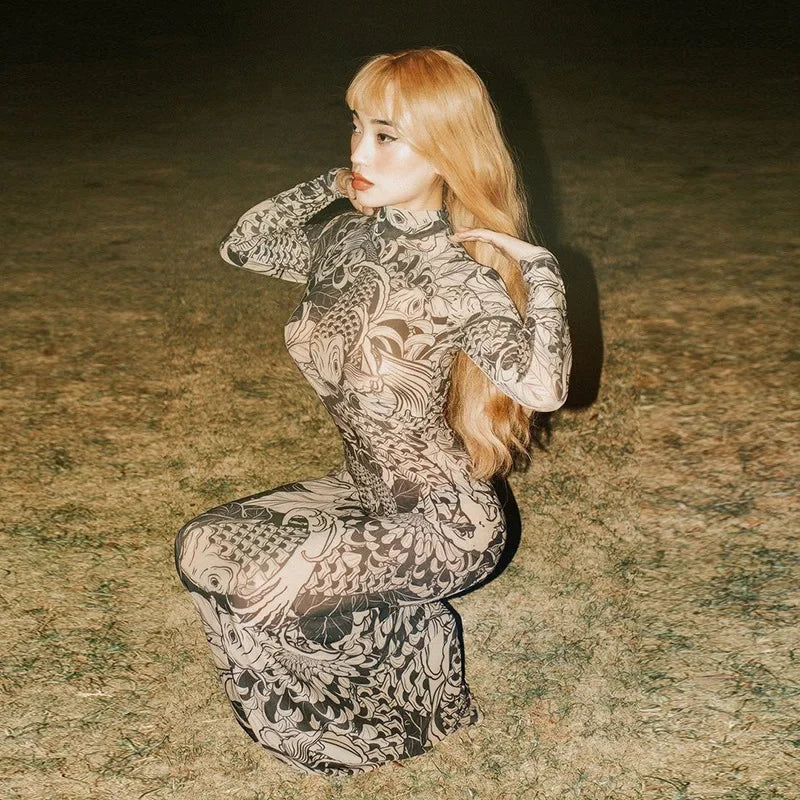 Women 2023 Autumn Winter Long Sleeve Mesh See Through Streetwear Bodycon Long Dress Wholesale Items For Business