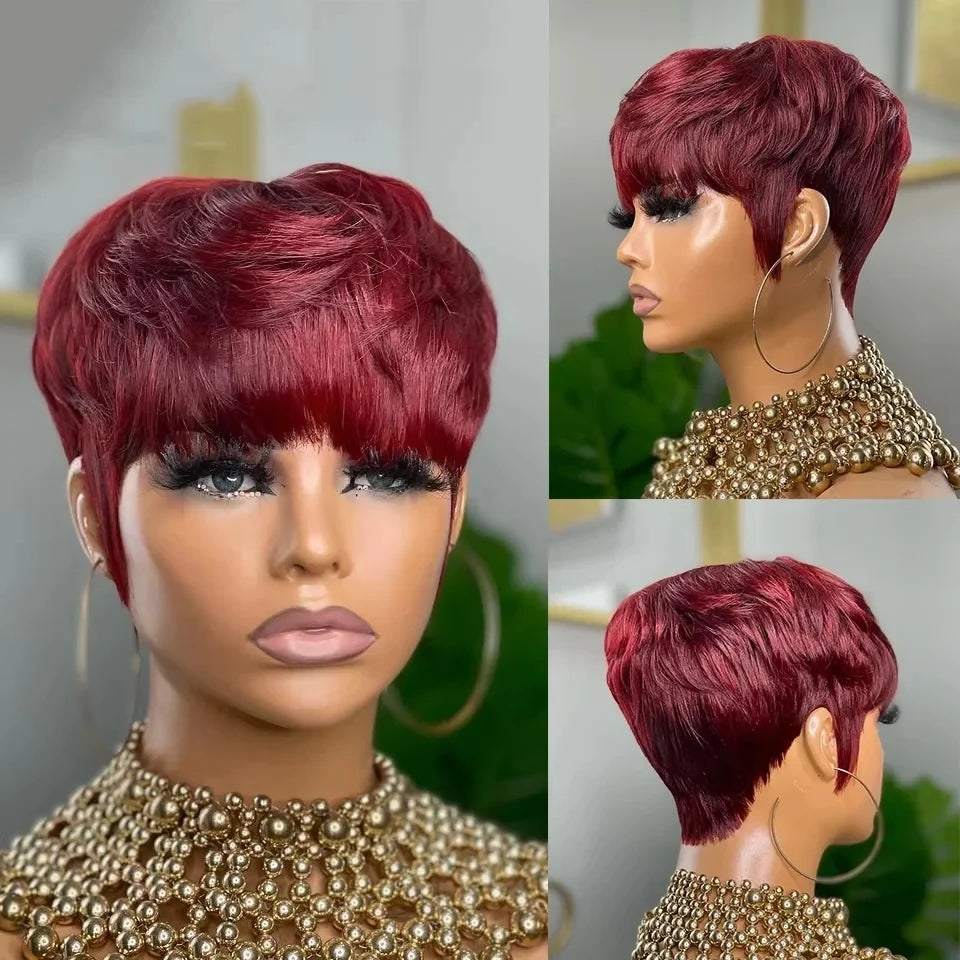 Burgundy Blonde Glueless Short Pixie Cut Human Hair Wig for Women
