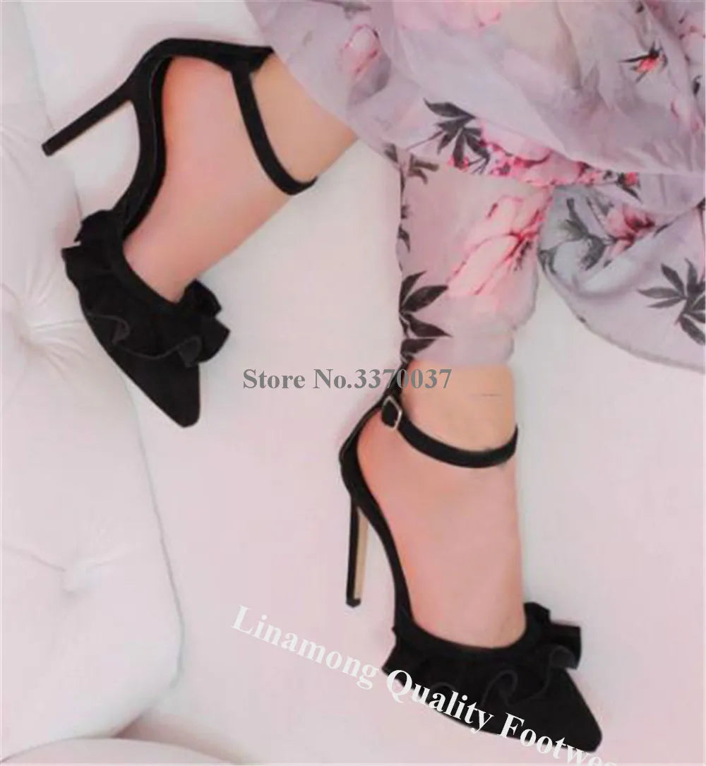 Yellow Suede Ruffle Ankle Strap Pointed Toe Stiletto Pumps For Women