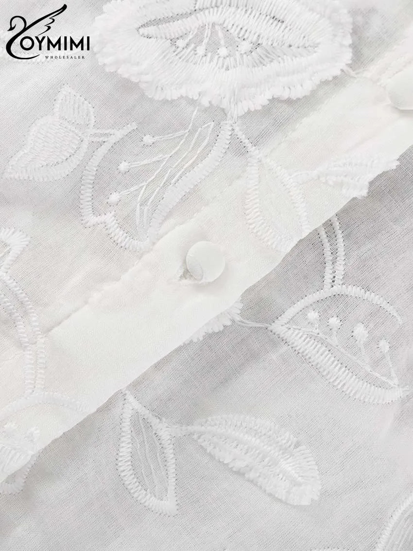 Oymimi Summer White Cotton 2 Piece Sets Women Outfit Casual Jacquard Button Wrist Sleeve Shirts And High Waist Shorts Female Set