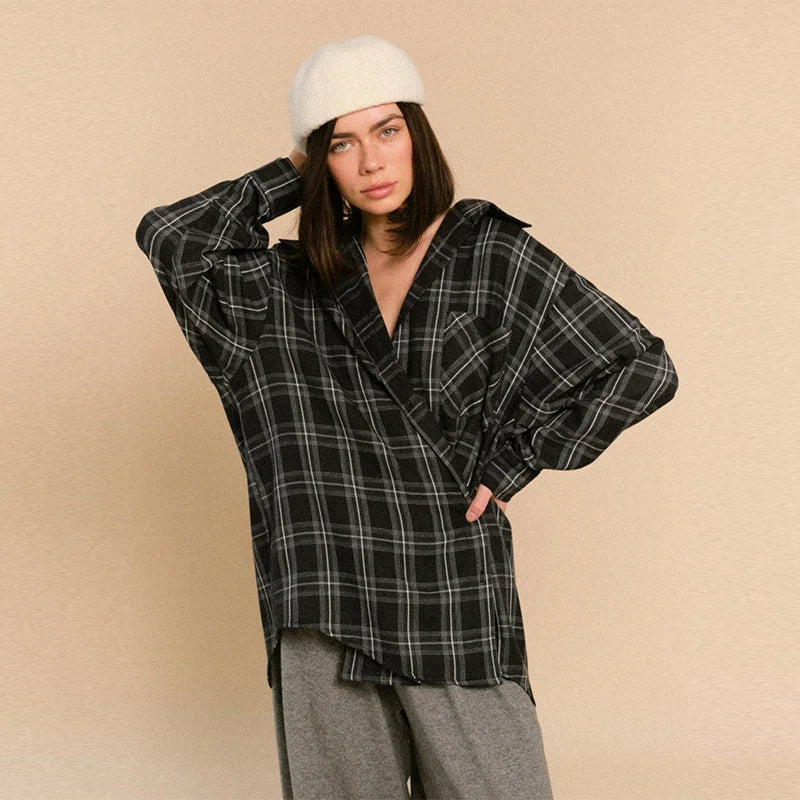 Plaid Loose Long Sleeve Button-Front Shirt for Women