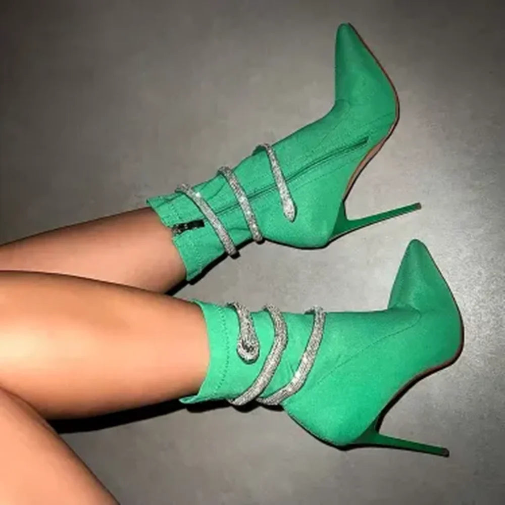 Green Suede Pointed Toe Ankle Boots With Silver Snake Wraps For Women