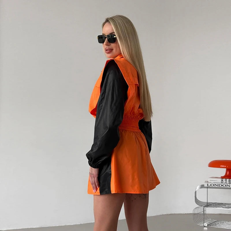 Casual Color Block Long Sleeve Jacket And Mini Skirt Set For Women