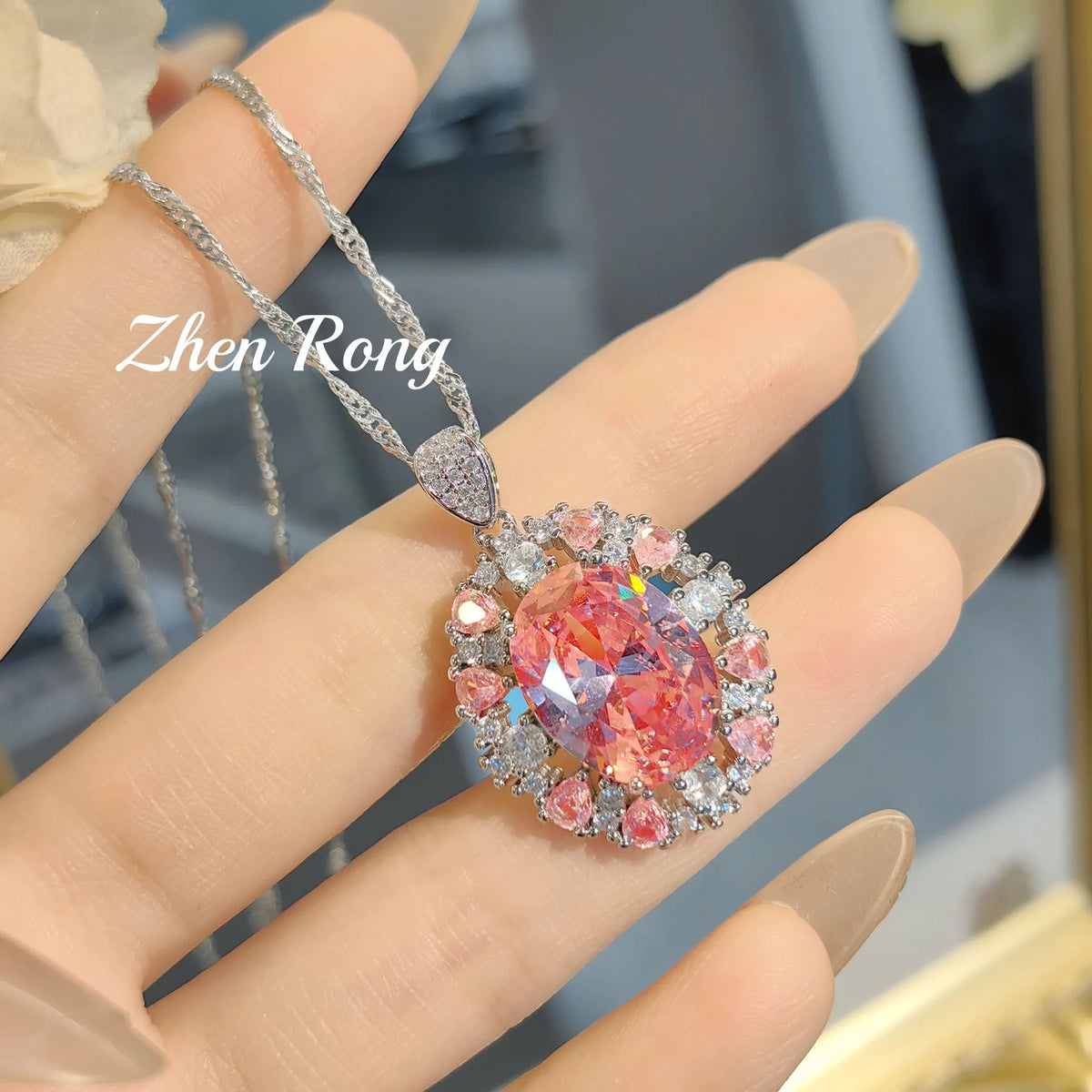 Romantic Pink Cubic Zirconia Necklace and Ring Set for Women