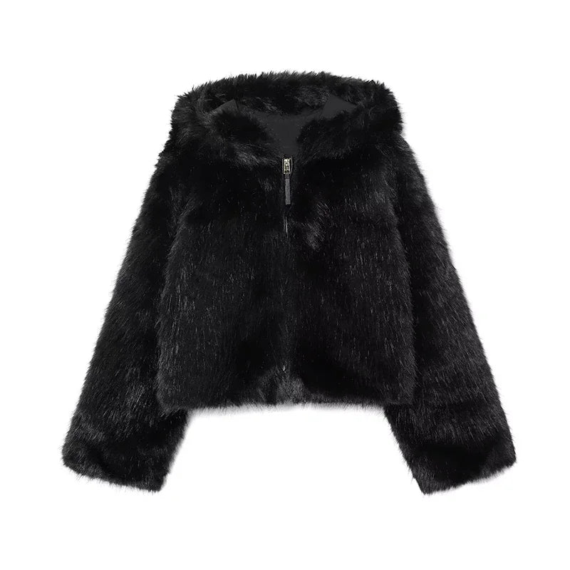 Winter Warm Hooded Faux Fur Long Sleeve Coat with Zipper for Women