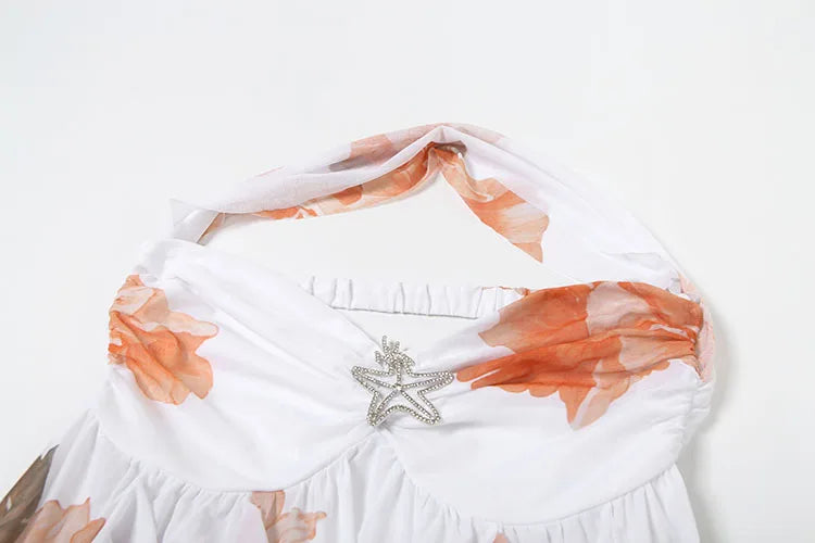 Nibber Backless Metal Starfish Dress Women Low-Nec Chest Wrap Halter Irregular Ruffles Hem Sleeveless Vacation Mini Bodycon