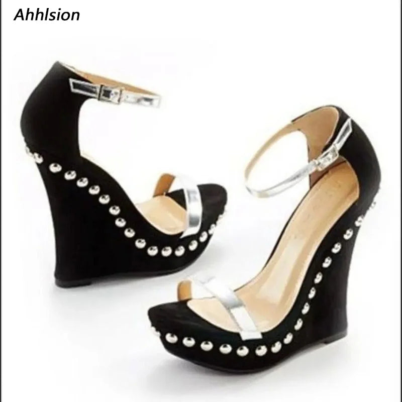 Black Round Toe Studded Wedge Heel Sandals for Women