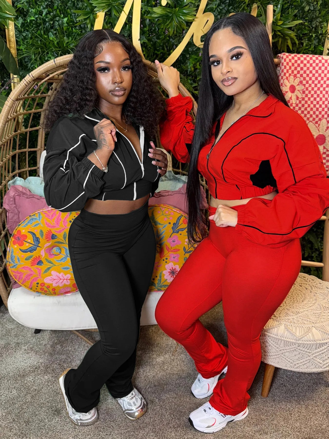 FAGADOER Casual Stripe Patchwork 2 Pieces Set for Woman Zip Long Sleeves Ruched Crop Top + Flare Pants Tracksuit Female Jogger