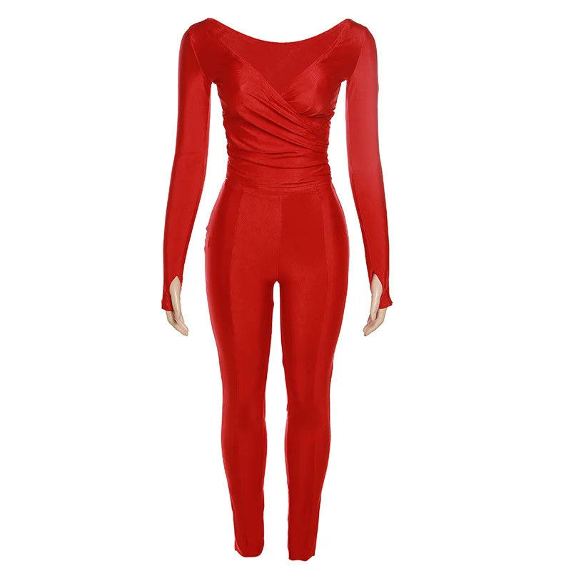 2025 Spring/Summer Women's Sexy Off Shoulder Big V-neck European and American Style High Waist Tight Pants Casual Sports Set