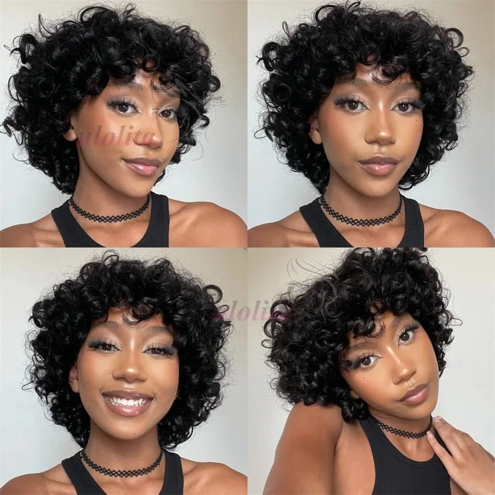 Bouncy Curly Pixie Bob Human Hair Wig With Bangs for Women