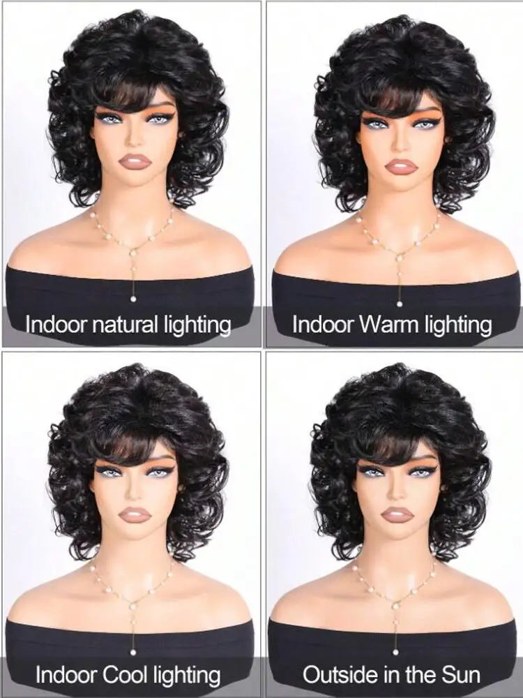 Natural Fluffy Curly Synthetic Wig With Side Edges 12 Inches For Women