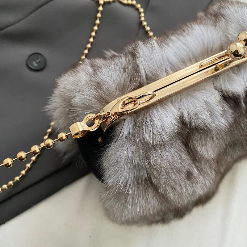 Luxurious Fox Fur Evening Clutch with Chain for Women