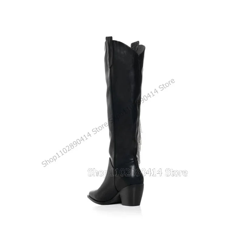 Crystal Tassel Black Leather Pointed Toe Knee High Boots Chunky Heels For Women