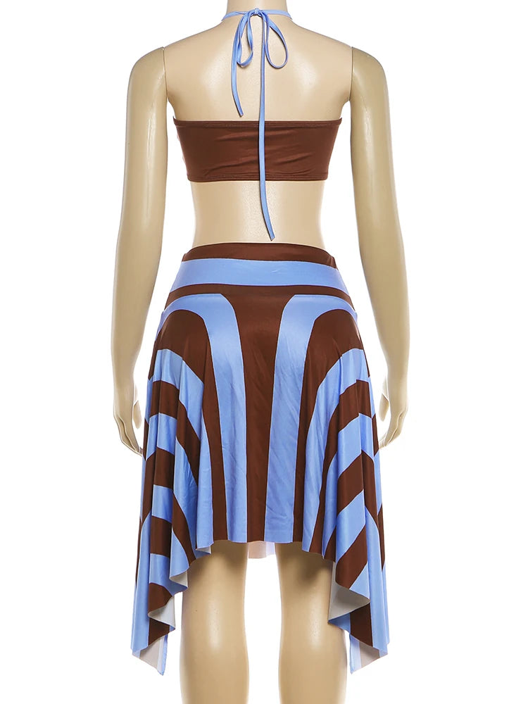 Nibber Holiday 3 Piece Set Woman Halter Rope+Wrap Chest Tops+Stripe Patchwork Mid Skirts Beach Sexy Style Summer Fashion Outfits