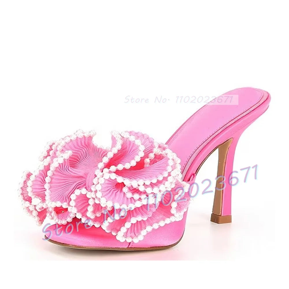 Satin Floral Open Toe Mules With Pearl Trim For Women