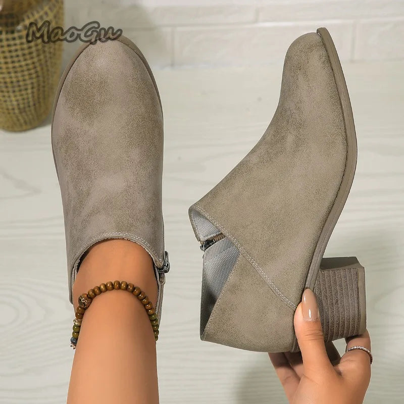Elegant Suede Side Zipper Square Heel Ankle Boots for Women
