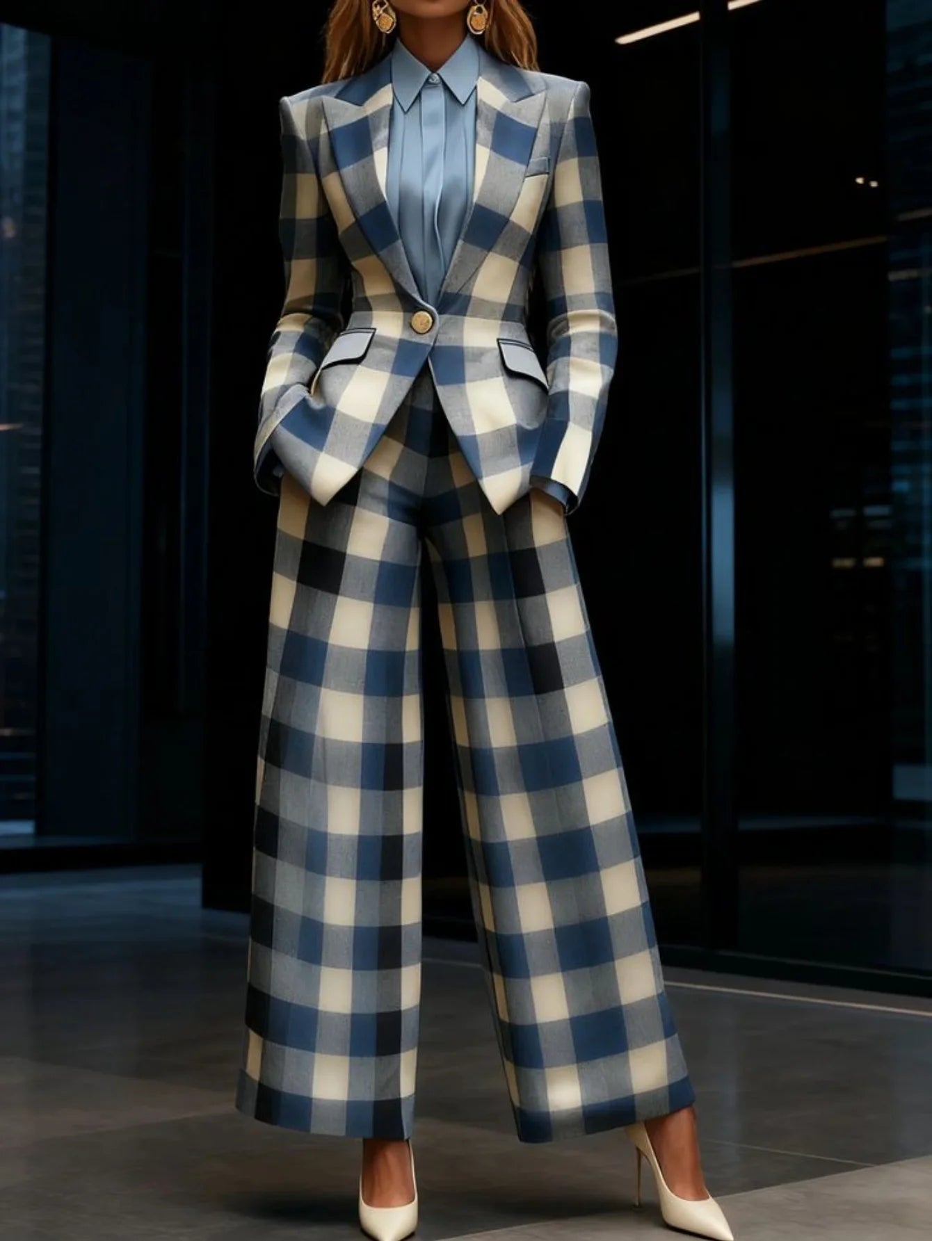 Plaid Print Lapel Single Button Blazer And High Waist Wide Leg Pants Two Piece Formal Business Matching Suit For Women Office Outfit Set