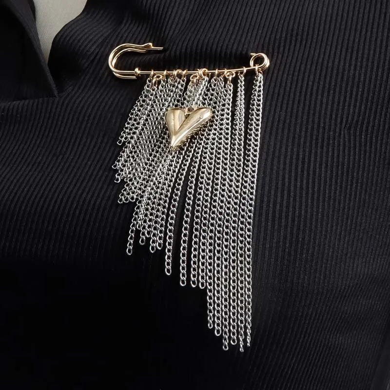 Layered Pearl Heart and Star Tassel Brooch for Women
