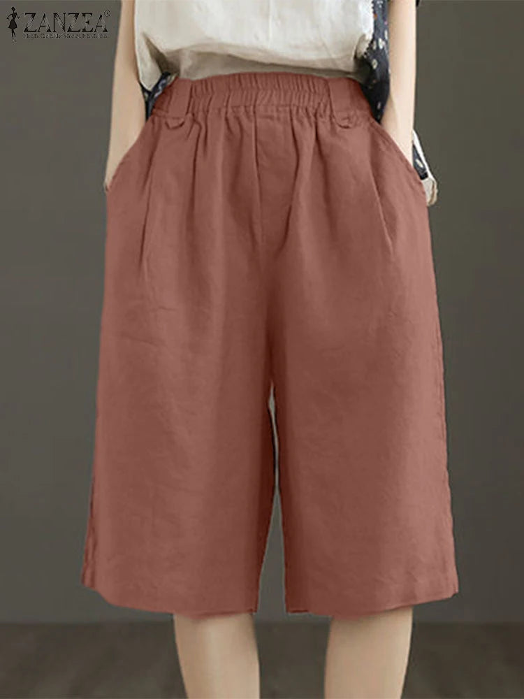 ZANZEA Woman Casual Mid-Length Shorts Elastic High Waist Loose Solid Wide Leg Pants 2025 Summer Holiday Comfort Weekend Shorts