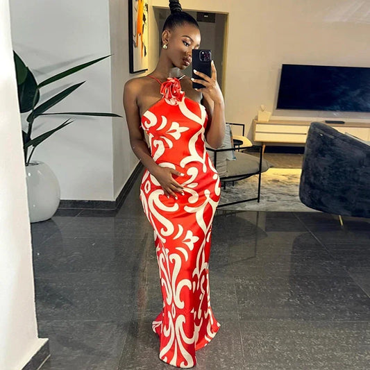 Fashionable European Style Printed Sexy Sleeveless Halter Neck Floral Decorated Hip Dress Trendy Women's Ready-Made Dress