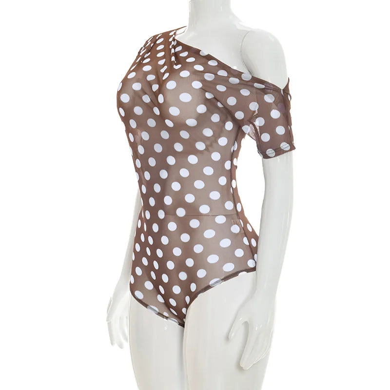 Off Shoulder Polka Dot Mesh See Through Two Piece Set for Women
