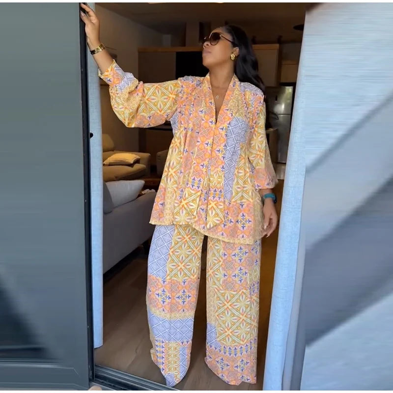 Casual Print Long Sleeve V-Neck Top Wide-Leg Trousers Two-Piece Set for Women