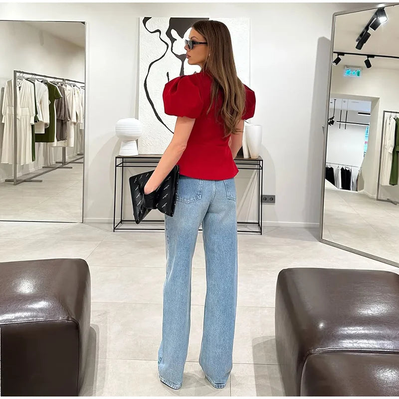 Elegant Puff Sleeve Turn-Down Collar Shirt for Women