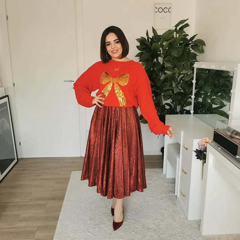 Casual Bow Print Knit Texture Long Sleeve Sweater for Women