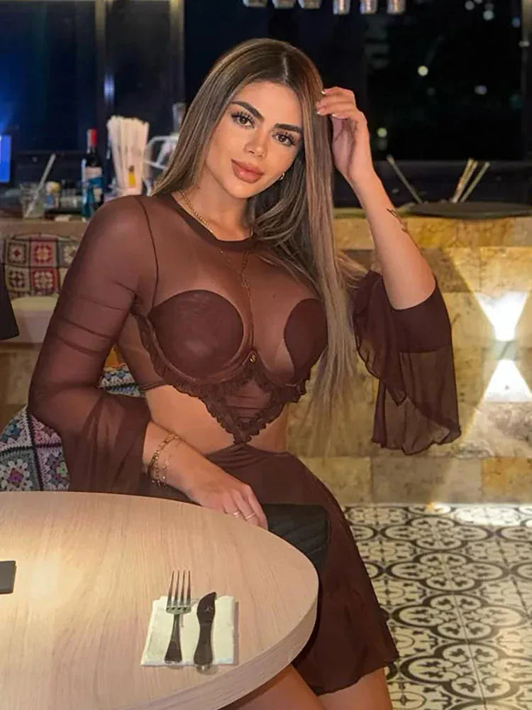 Weird Puss Waistless Pleated Hem Dress Women See Through Sexy Midnight Full Sleeve Coquette Clubwear Party Rave Mini Bodycon