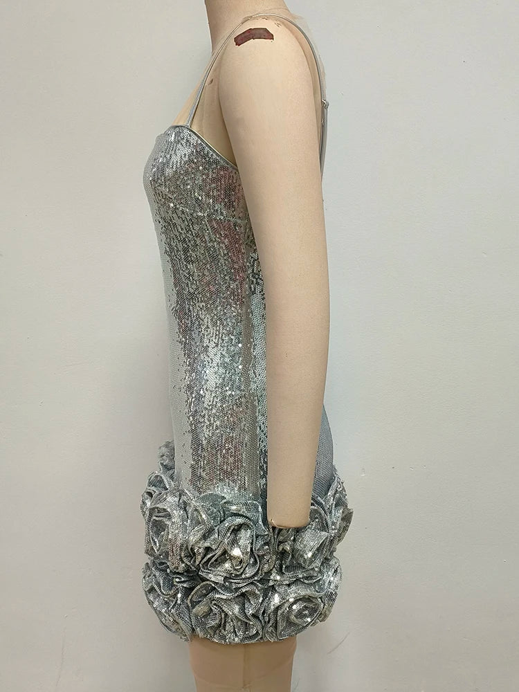 Glamorous Women's Silver Sequin Spaghetti Slip Mini Dress with Ruffled Hem Shiny Flower Party Night Club and Special Occasion