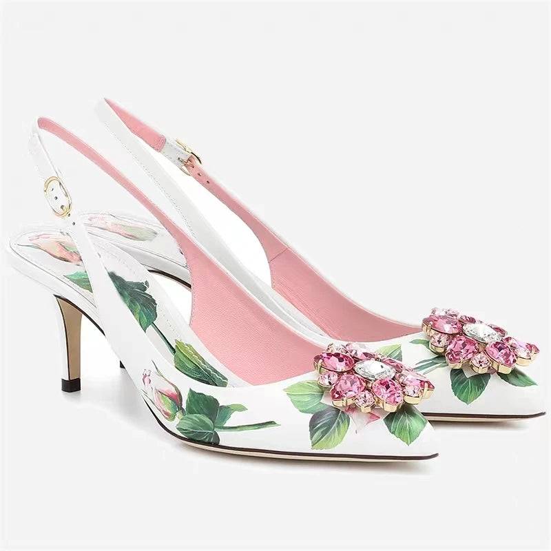 Elegant Pink Floral Rhinestone Slingback Wedding High Heels Pumps for Women