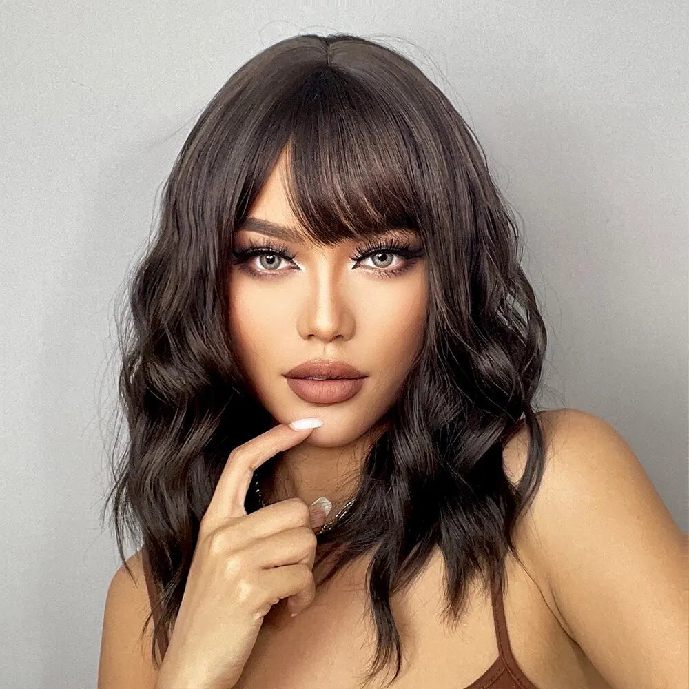 Heat Resistant Short Wavy Bob Wig With Bangs for Women