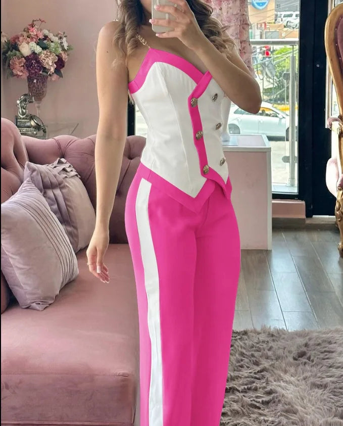 V-Neck Metal Suspender Top Two-Piece Set for Women