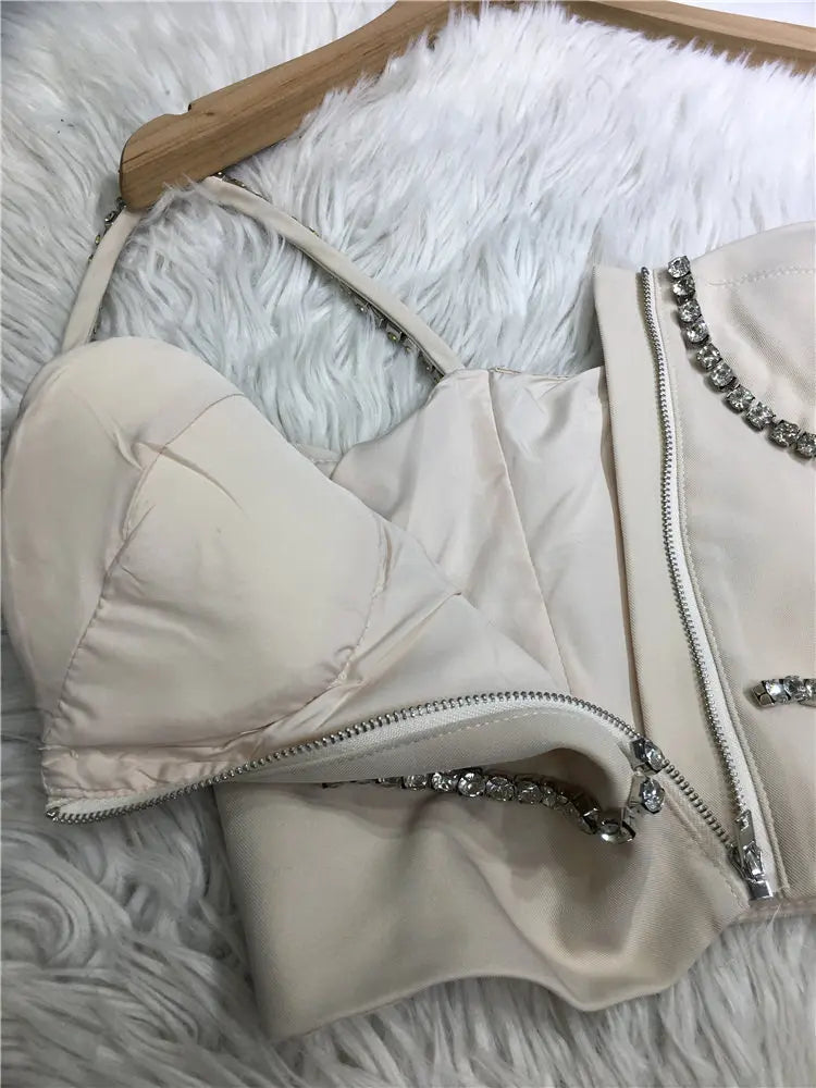 Fashion New Spring Summer Thin Shoulder Strap Camisole Hot Girl Diamonds Sexy Breast Pad Tube Top High Waist Zip Crop Tanks Tops