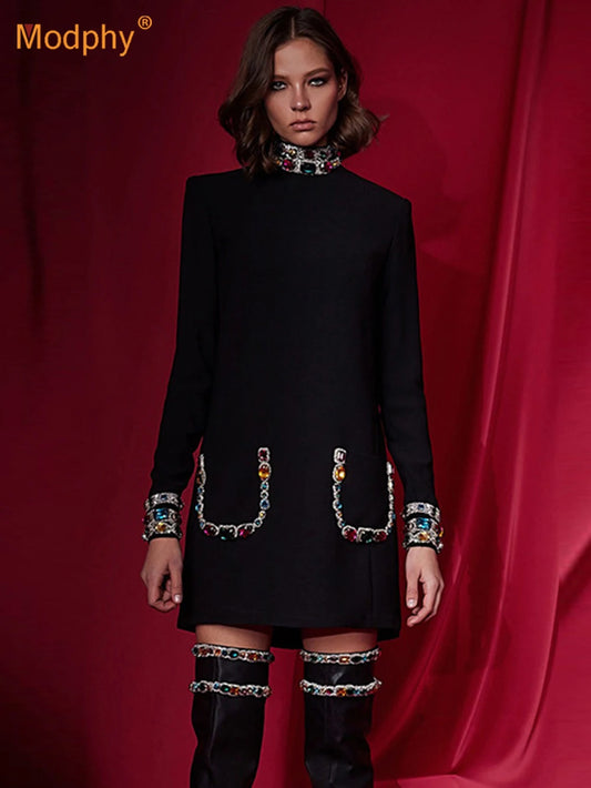 Modphy 2025 New Sparkling Luxury Colored Diamonds Stand Collar Design Mini Dress Women'S Long Sleeved Fashion Elegant Vestidos