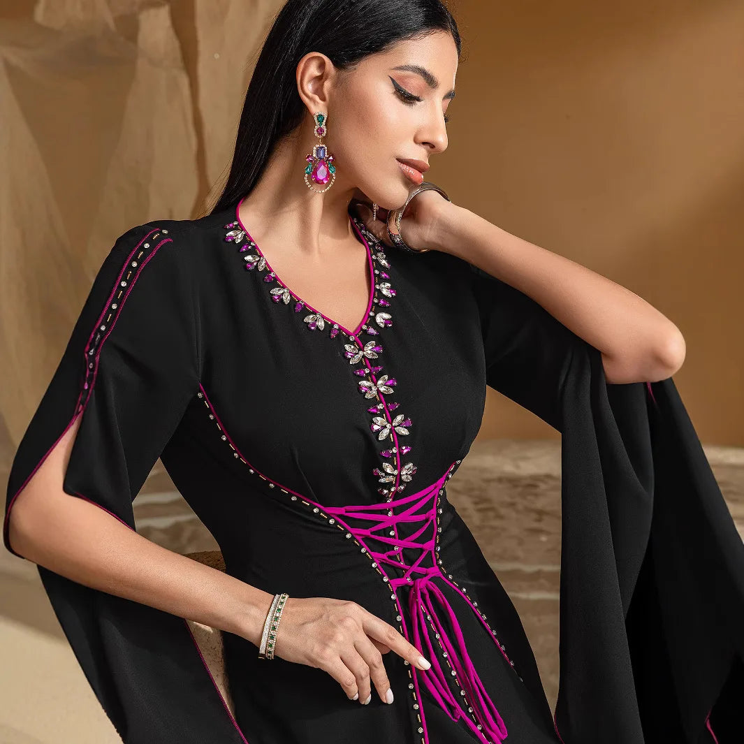 Diamond Embellished Moroccan Kaftan Maxi Dress for Women