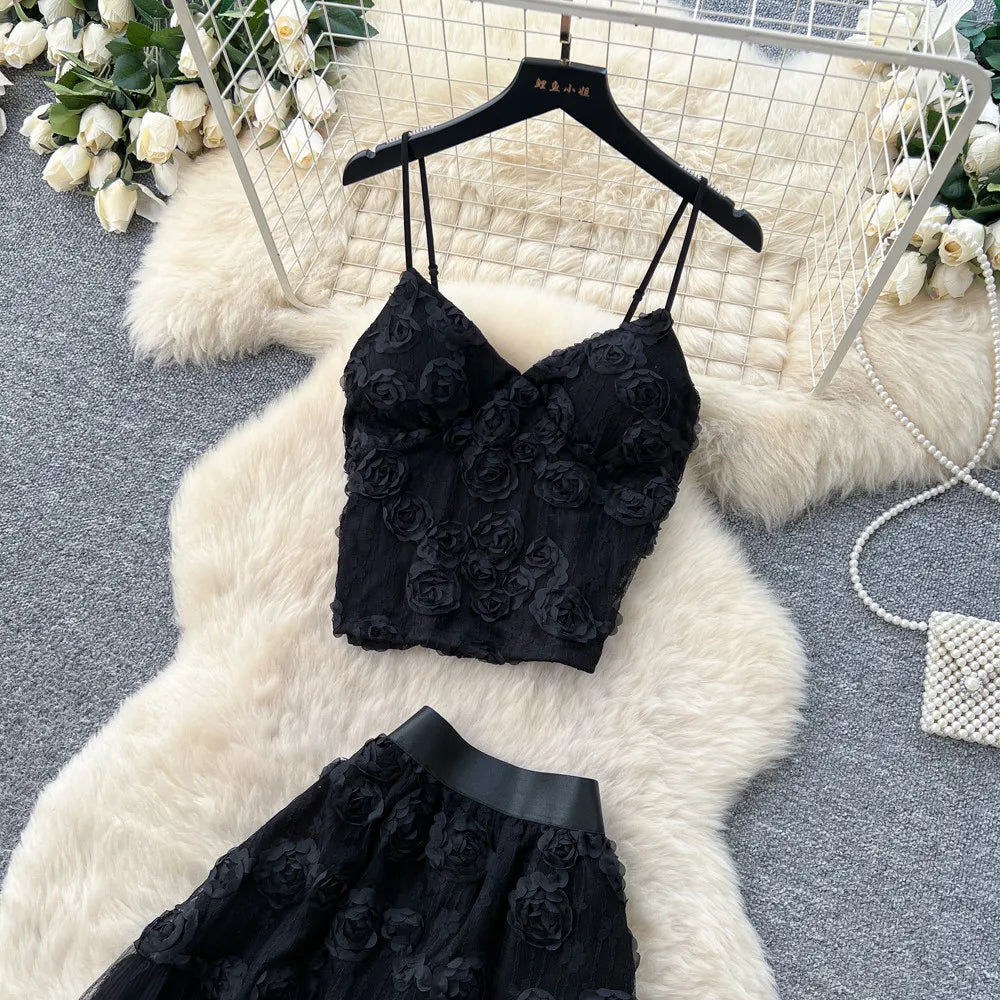 3D Floral Lace Camisole and Pleated Skirt Set for Women