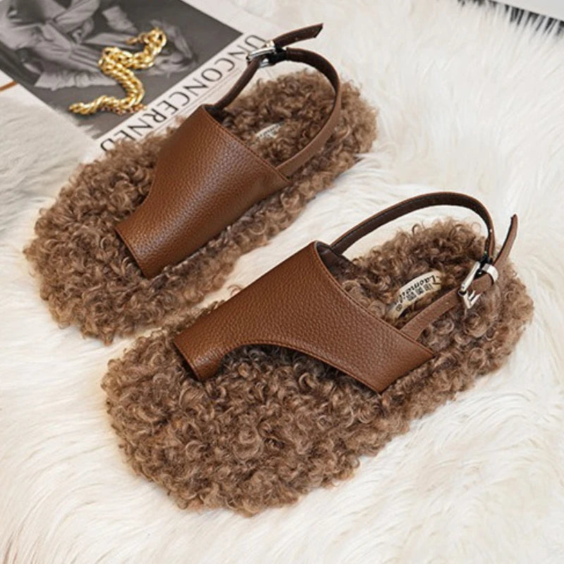 Cozy Plush Buckle Strap Flat Toe Slippers for Women