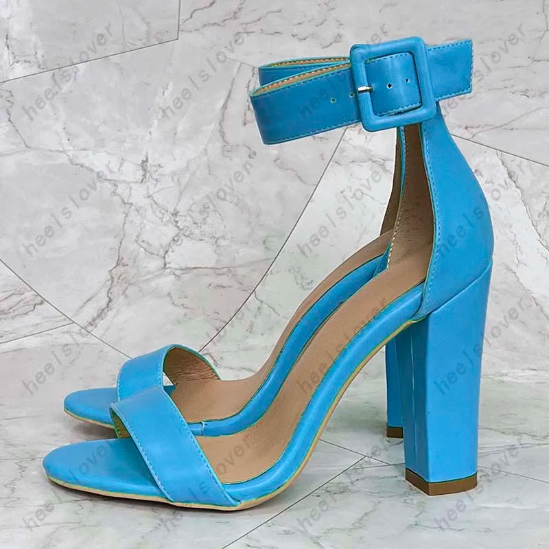 Elegant Green Square Toe Buckle Strap Heeled Sandals For Women