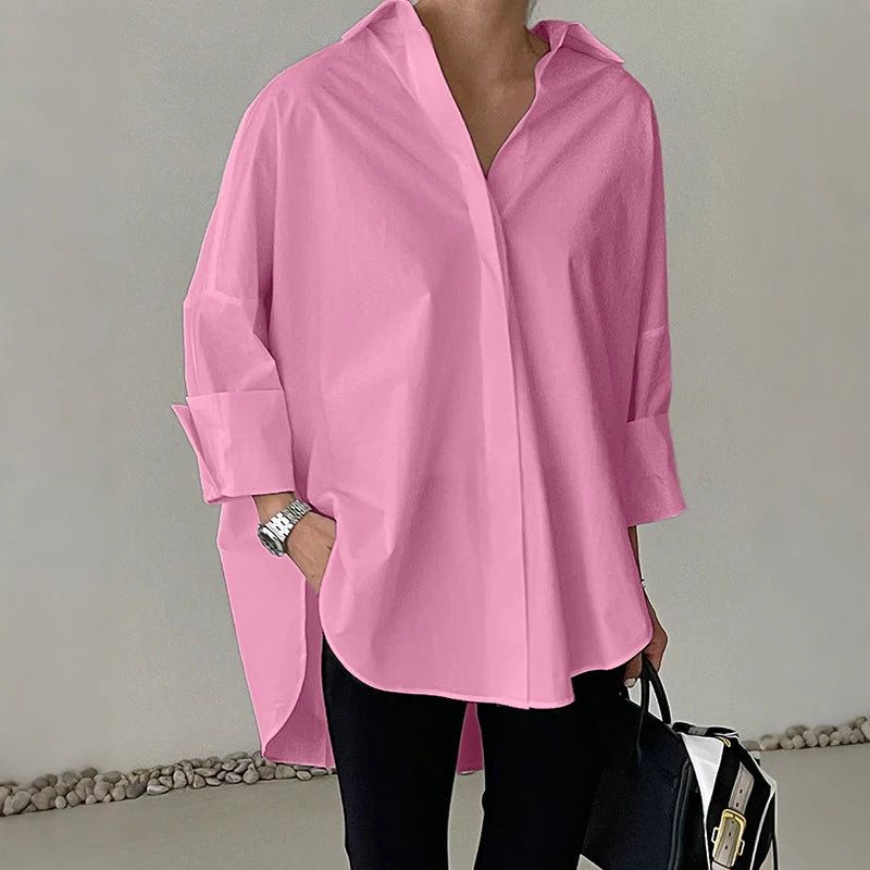Oversized White Long Sleeve Button Up Blouse for Women