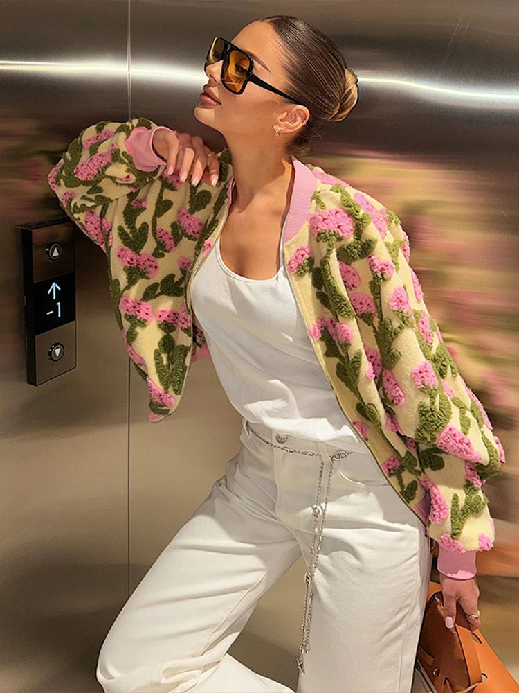 Casual Floral Print Bomber Jacket With Collar For Women