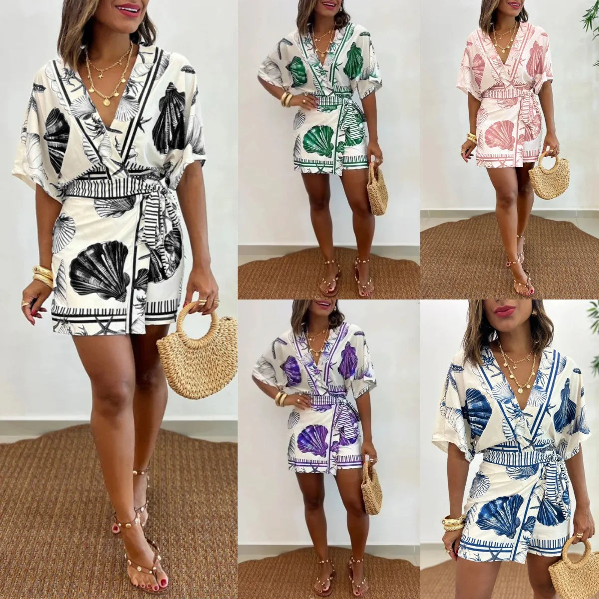 Seashell Starfish Print Wrap V Neck Short Sleeve Lace Up Romper for Women