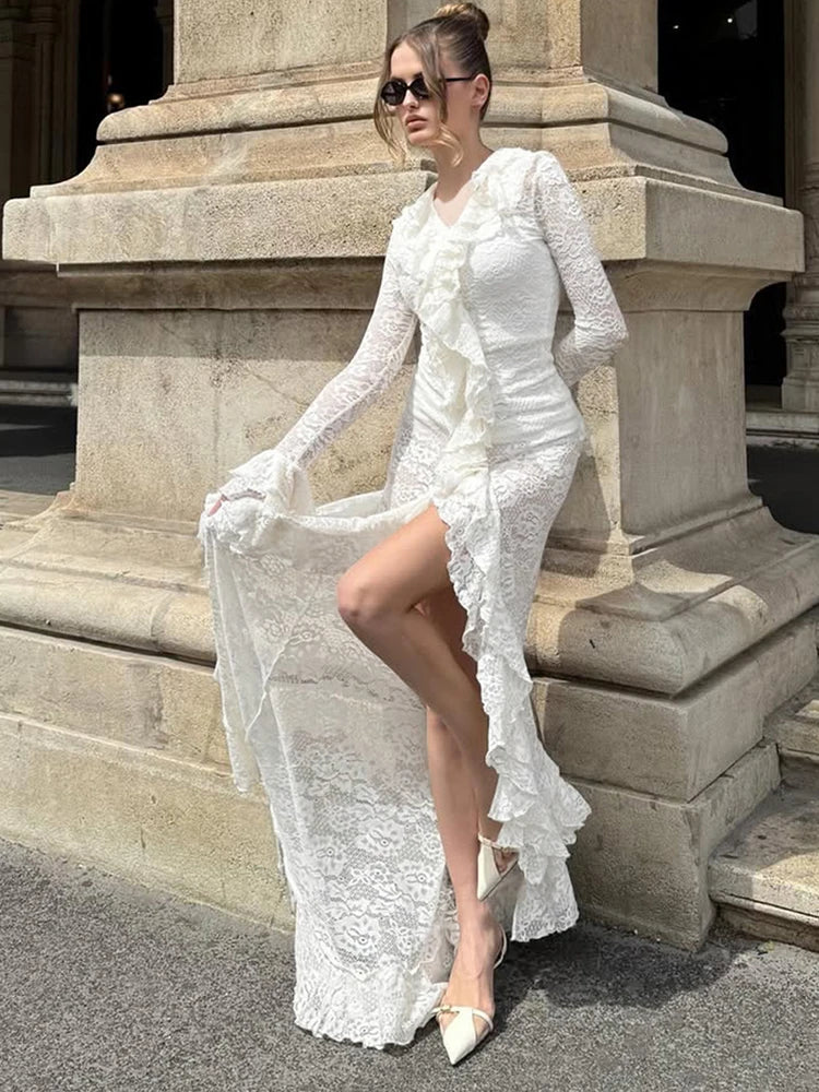 Cutenew Lace Stacked Women Maxi Dresses Romantic French Full Sleeve Ruffle Neck Split Bodycon Female Sexy Sheer Trend Vestidos